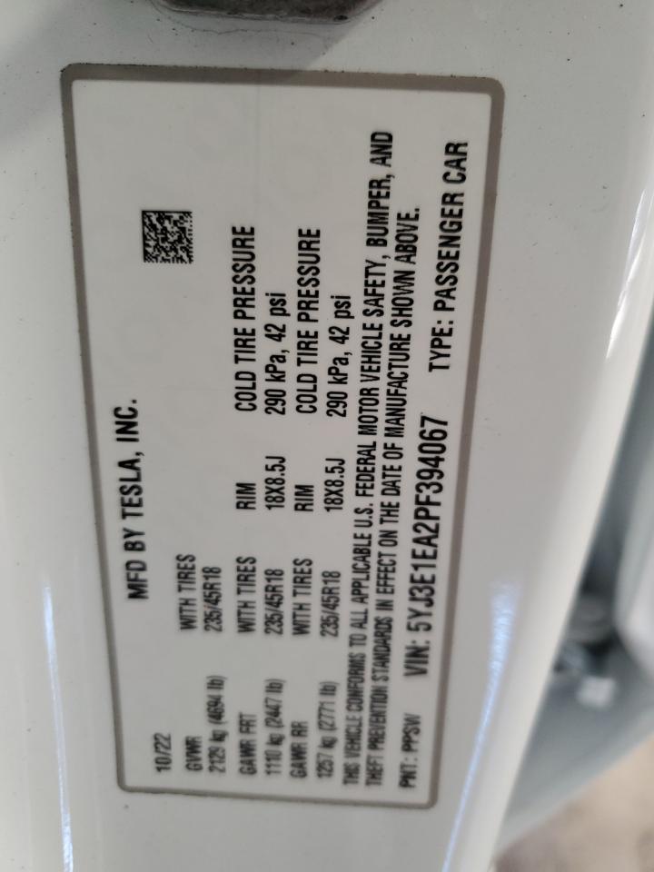 2023 TESLA MODEL 3  VIN:5YJ3E1EA2PF394067