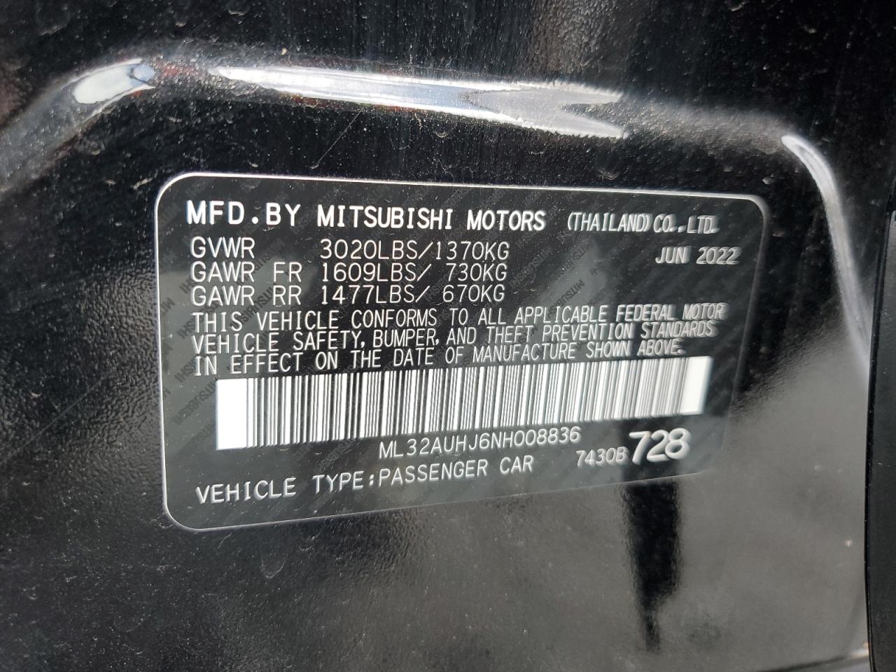 2022 MITSUBISHI MIRAGE ES VIN:ML32AUHJ6NH008836