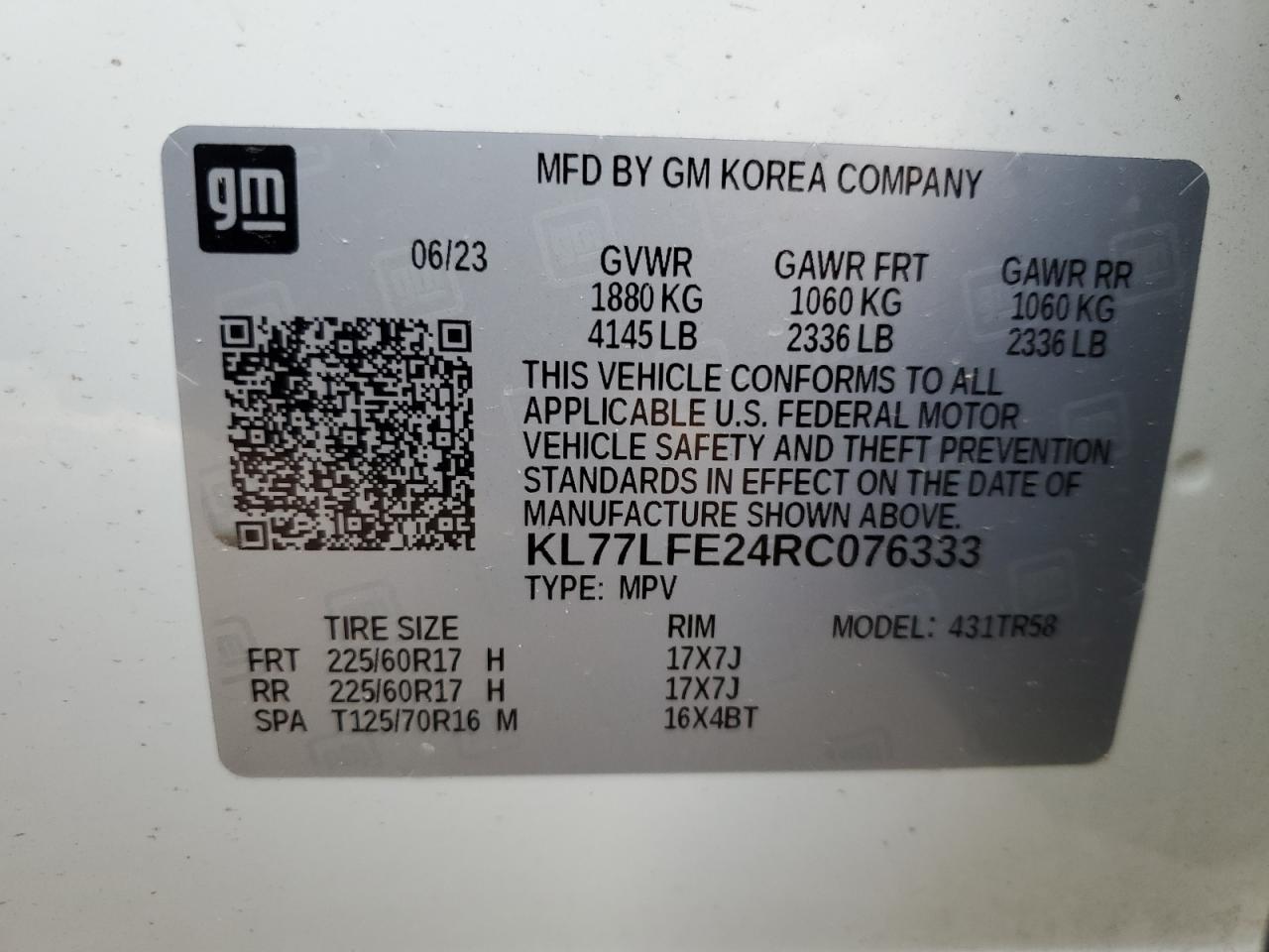 2024 CHEVROLET TRAX LS VIN:KL77LFE24RC076333