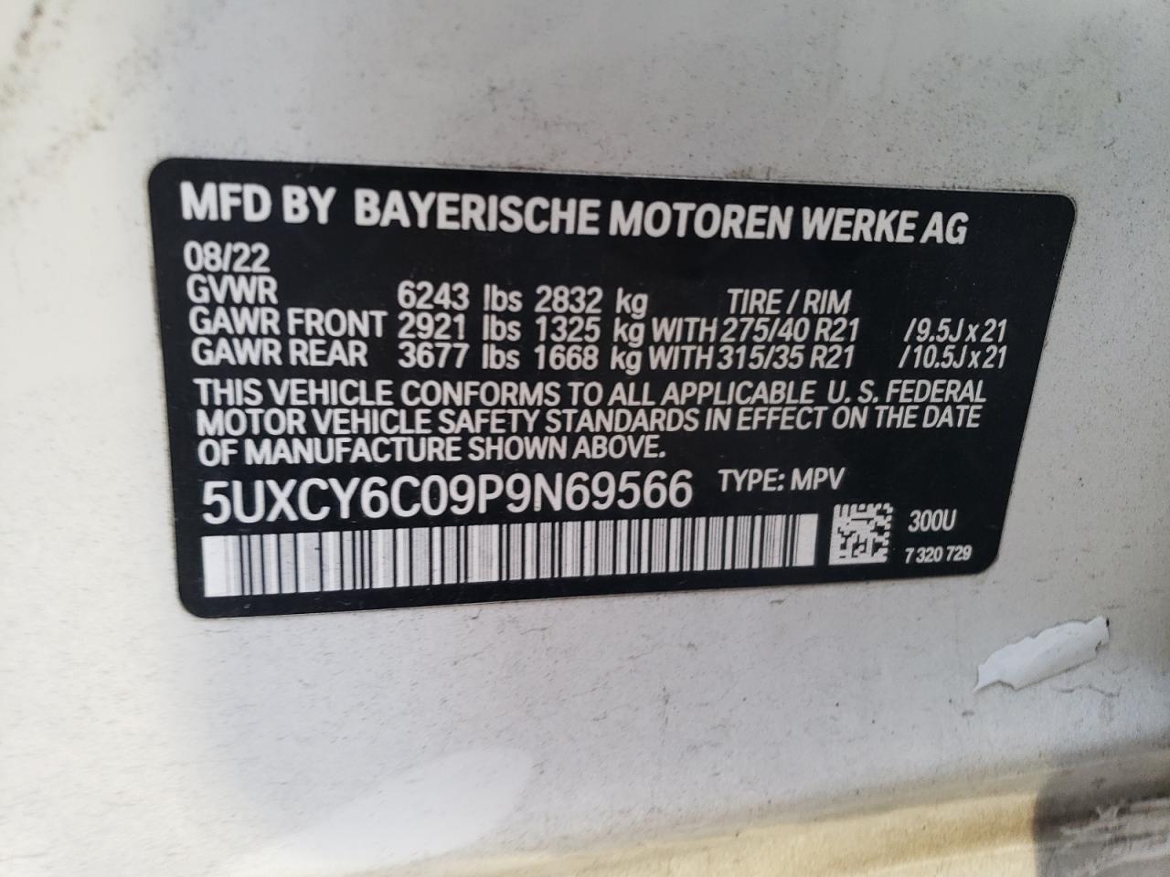 2023 BMW X6 XDRIVE40I VIN:5UXCY6C09P9N69566