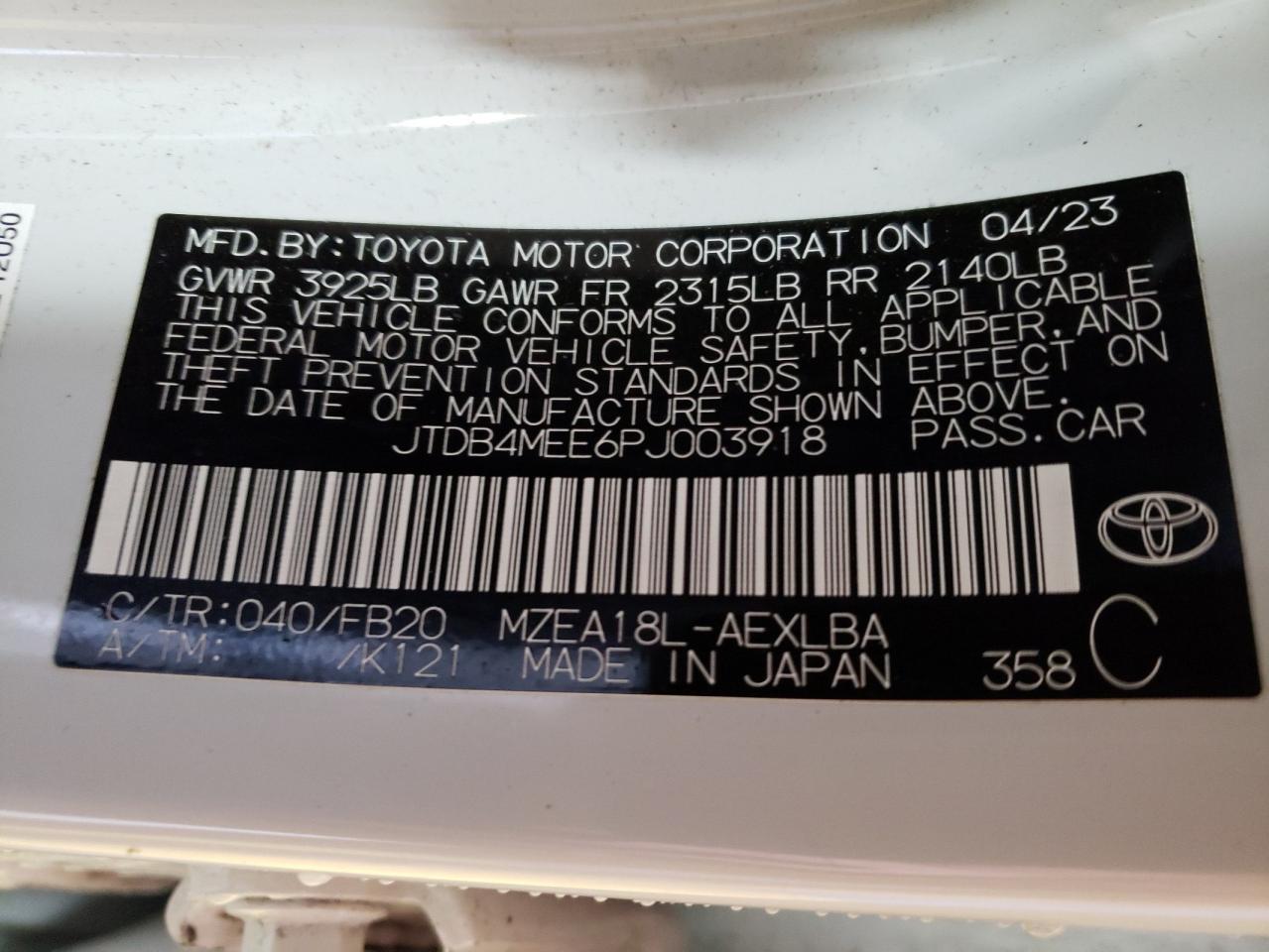 2023 TOYOTA COROLLA LE VIN:538ZFBZ71MCL17945