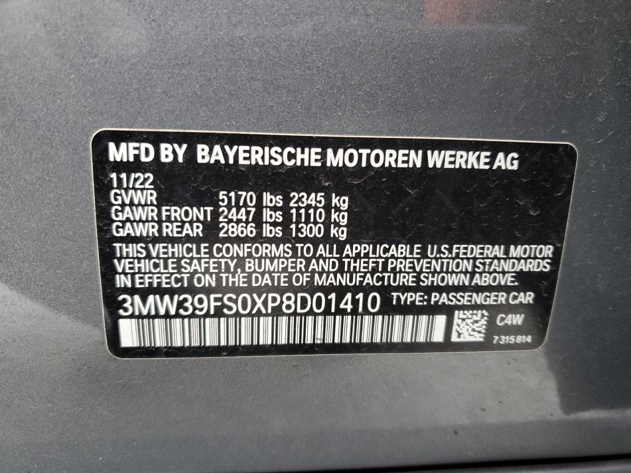 2023 BMW 330XE  VIN:3MW39FS0XP8D01410