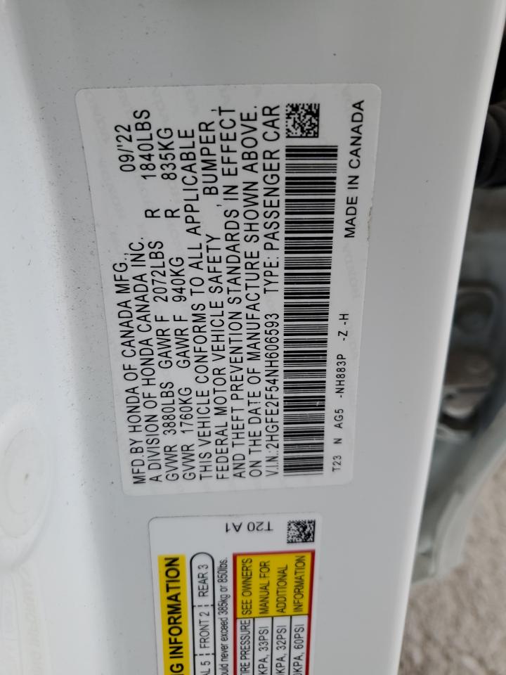 2022 HONDA CIVIC SPORT VIN:2HGFE2F54NH606593