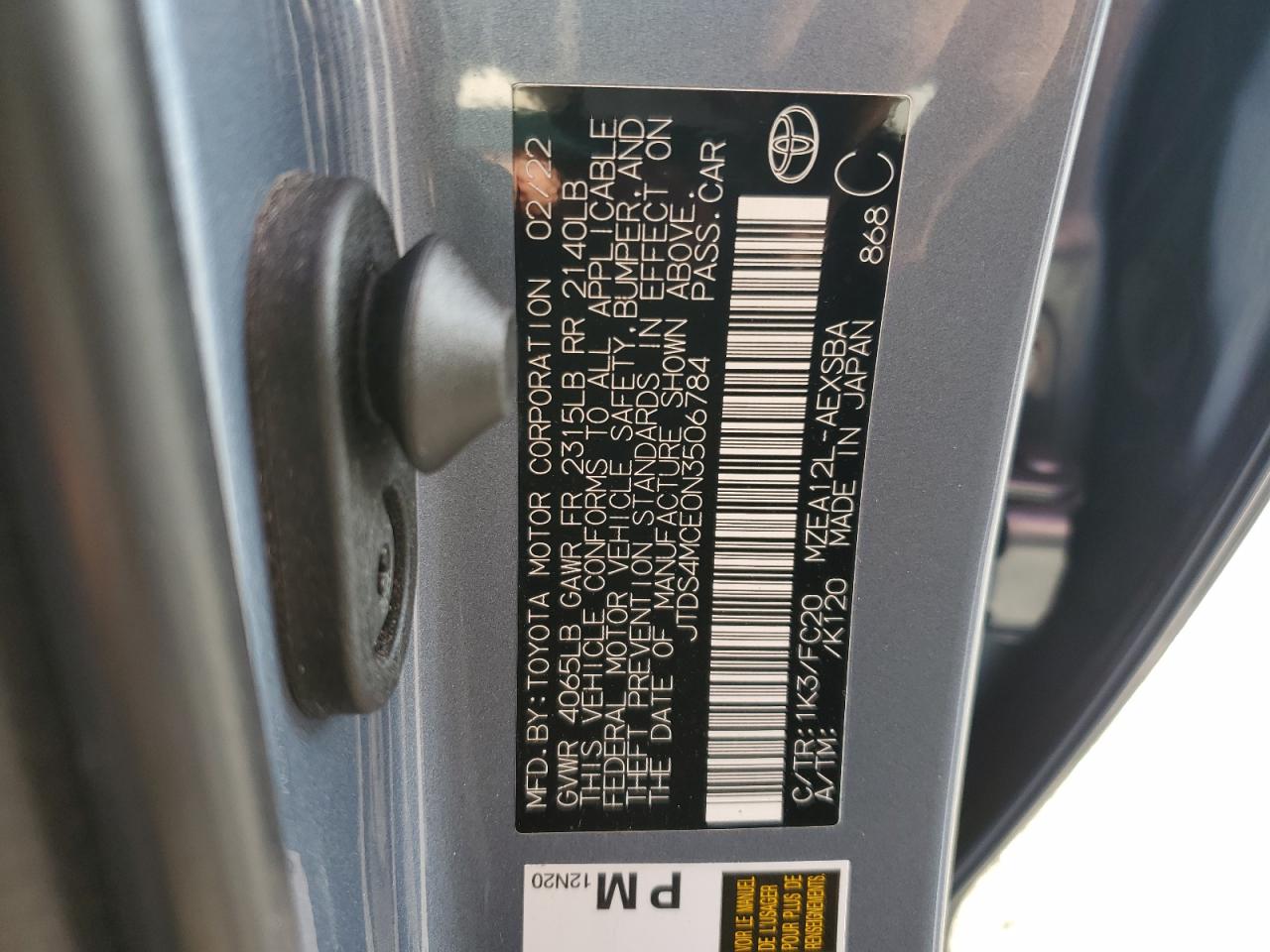 2022 TOYOTA COROLLA SE VIN:JTDS4MCE0N3506784