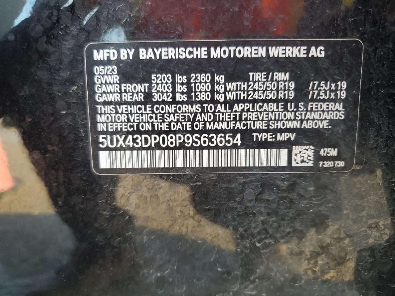 2023 BMW X3 SDRIVE30I VIN:5UX43DP08P9S63654