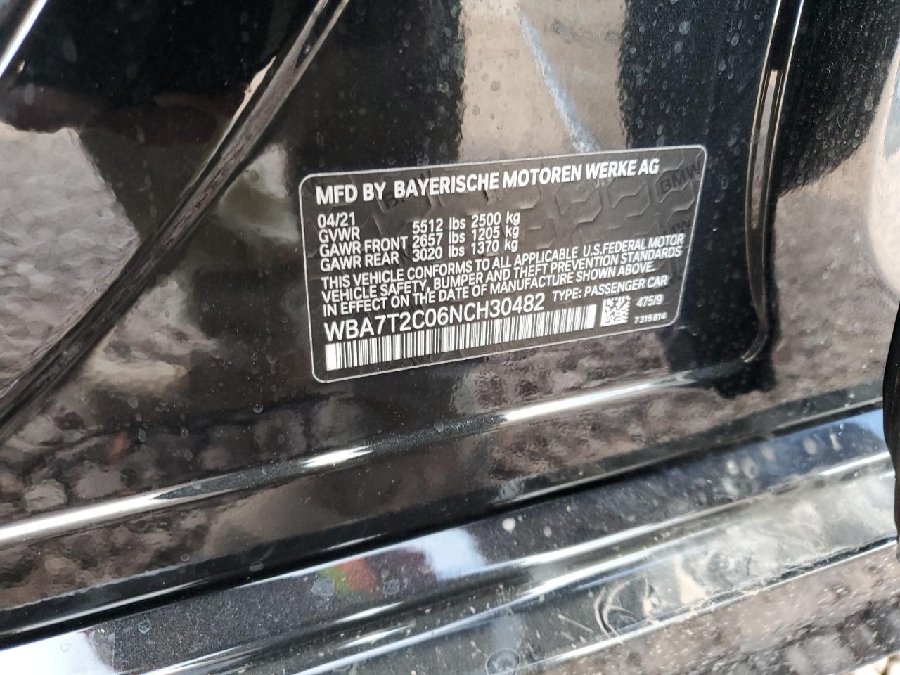 2022 BMW 740 I VIN:WBA7T2C06NCH30482