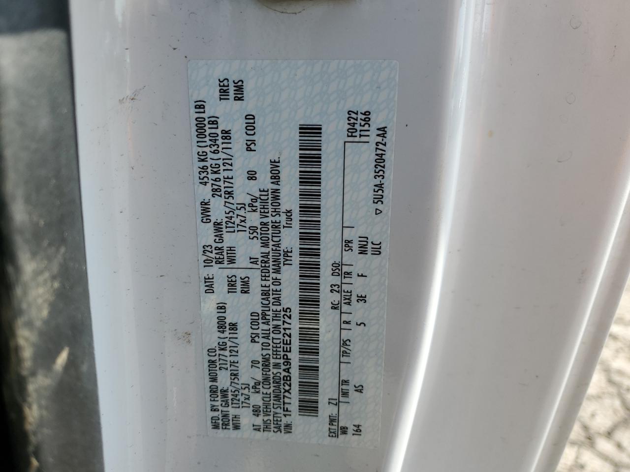 2023 FORD F250 SUPER DUTY VIN:1FT7X2BA9PEE21725