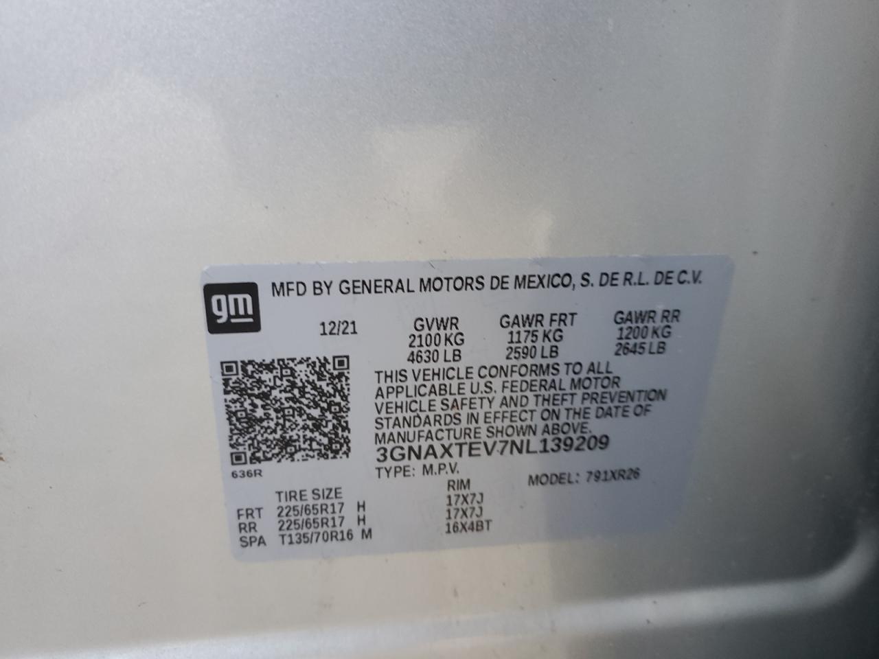 2022 CHEVROLET EQUINOX LT VIN:3GNAXTEV7NL139209