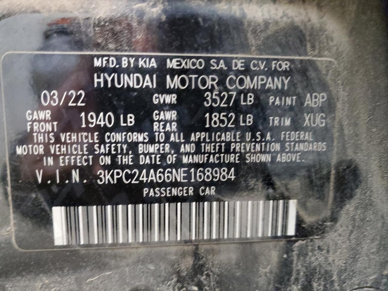 2022 HYUNDAI ACCENT SE VIN:3KPC24A66NE168984