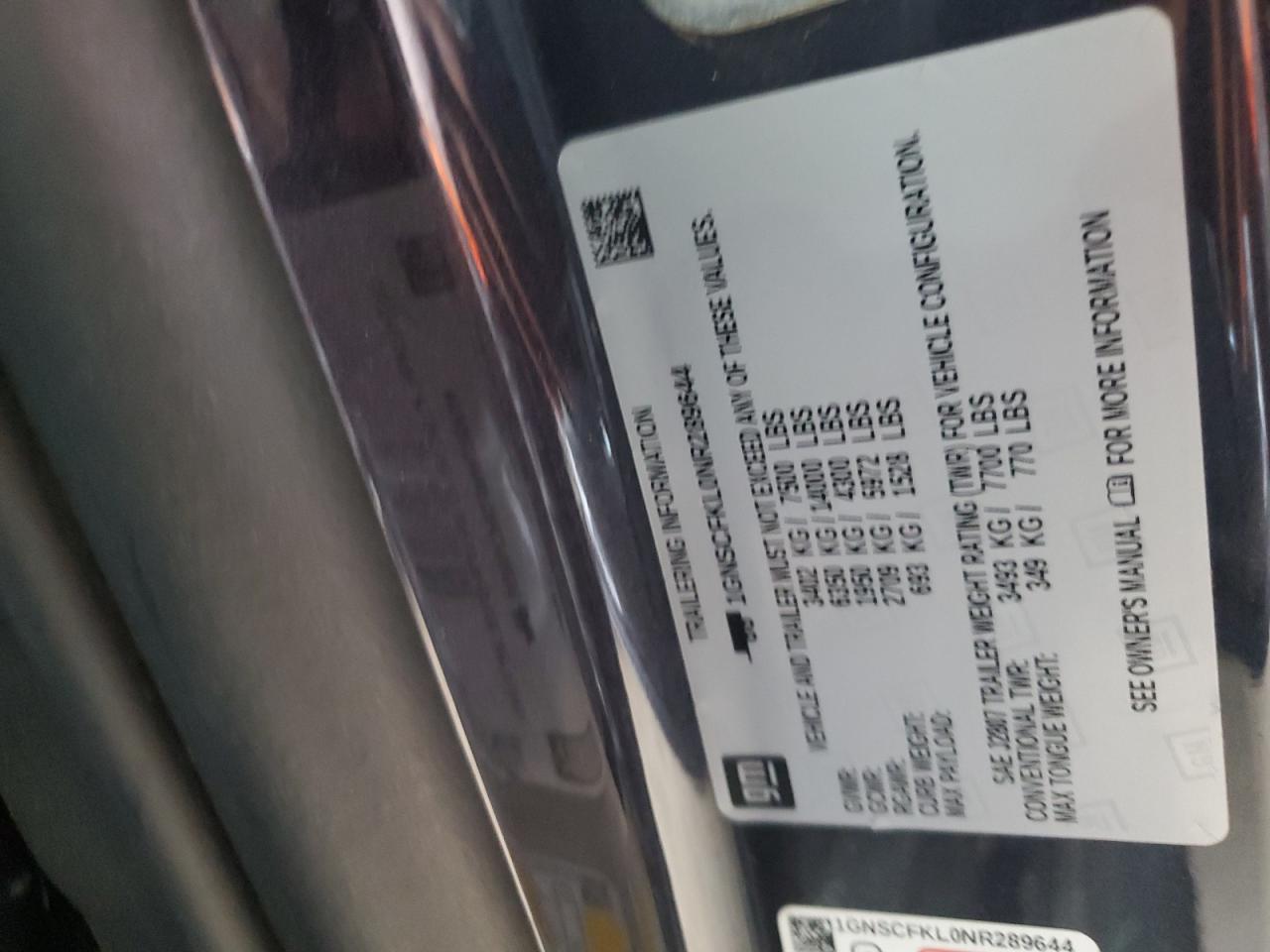 2022 CHEVROLET SUBURBAN C1500 PREMIER VIN:1GNSCFKL0NR289644