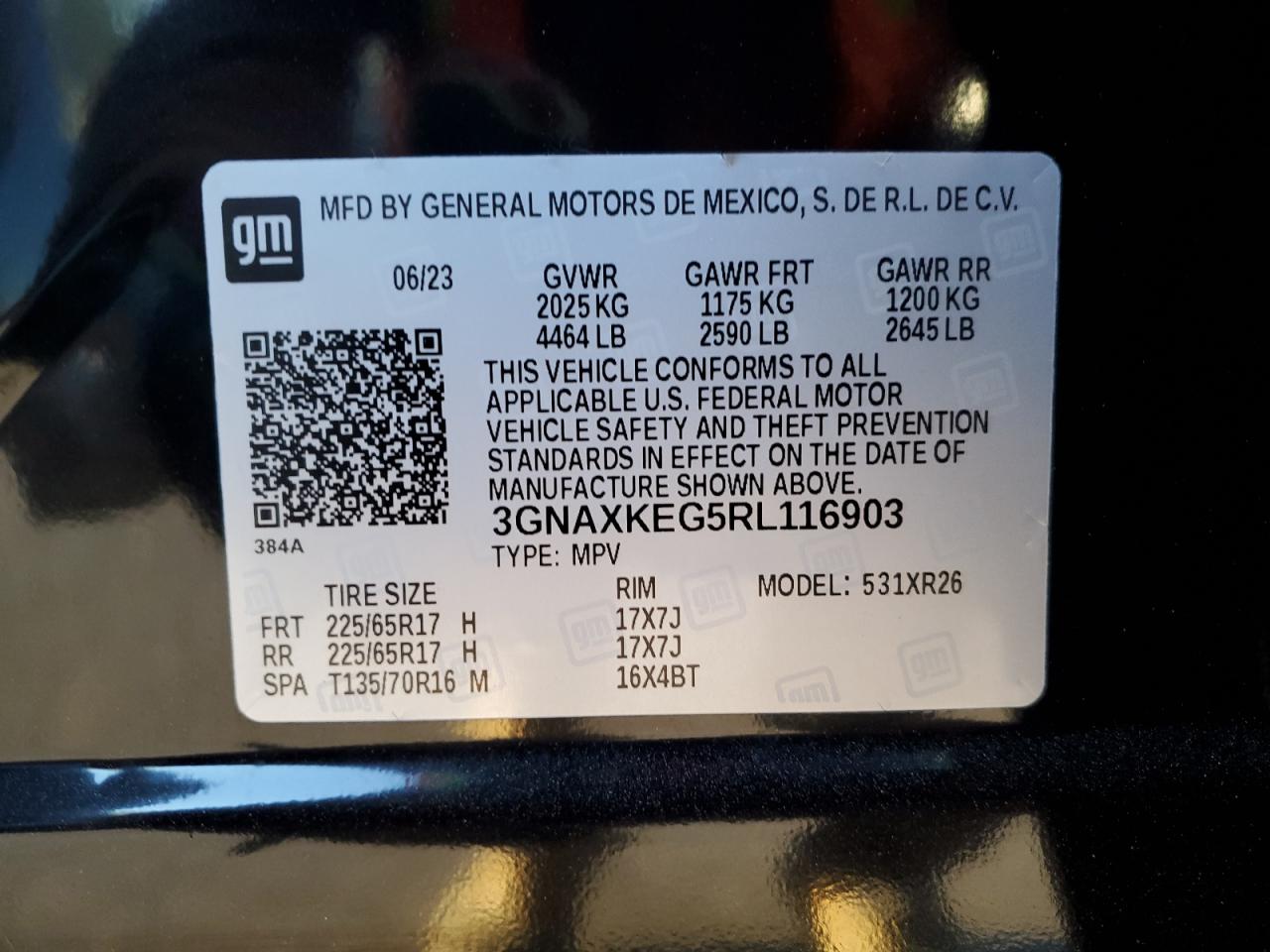 2024 CHEVROLET EQUINOX LT VIN:3GNAXKEG5RL116903