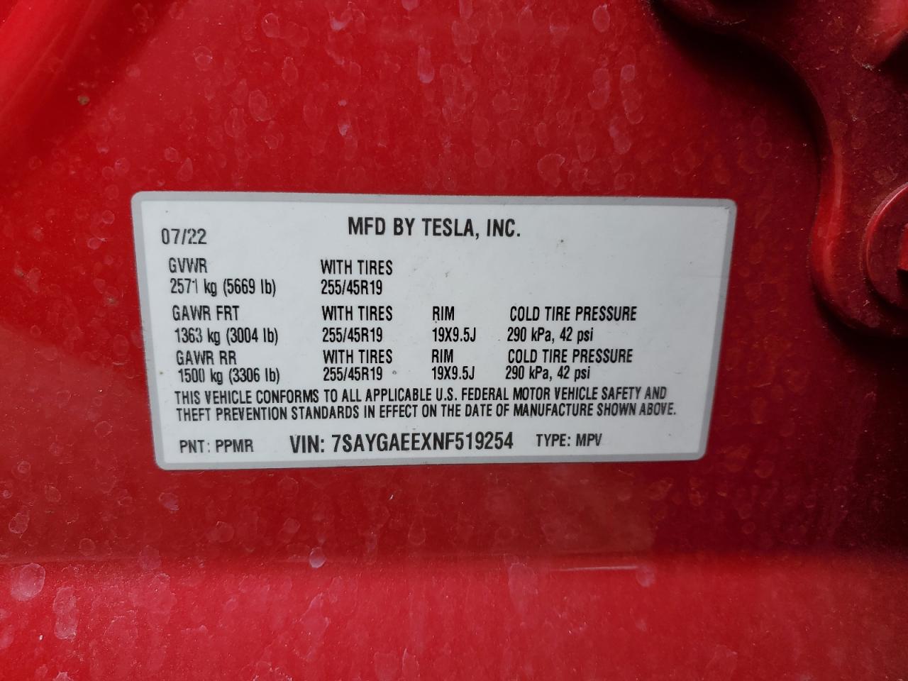 2022 TESLA MODEL Y  VIN:7SAYGAEEXNF519254