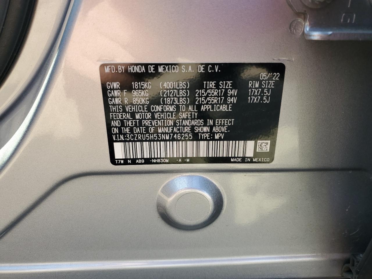 2022 HONDA HR-V EX VIN:3CZRU5H53NM746255