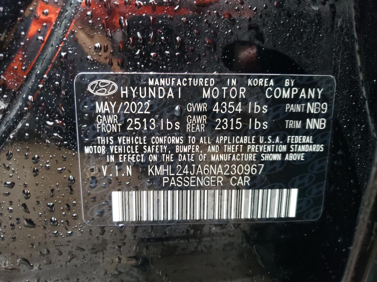 2022 HYUNDAI SONATA SE VIN:KMHL24JA6NA230967