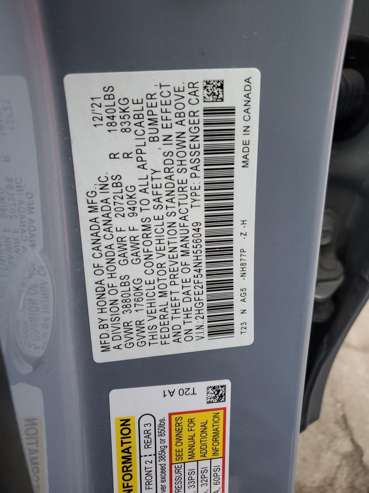 2022 HONDA CIVIC SPORT VIN:2HGFE2F54NH556049