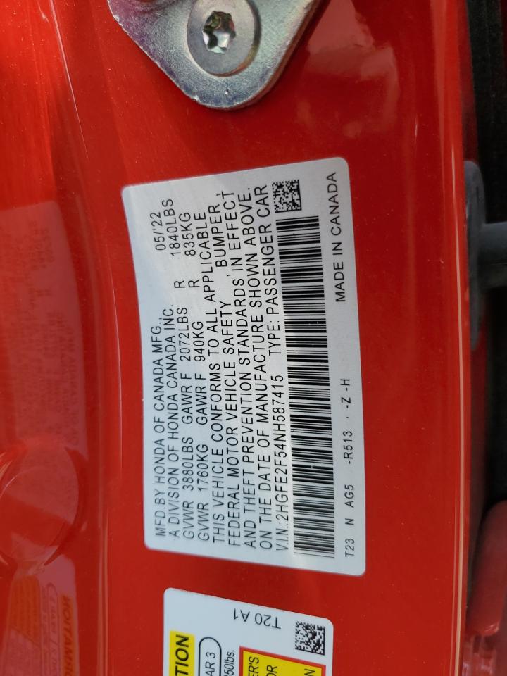 2022 HONDA CIVIC SPORT VIN:2HGFE2F54NH587415