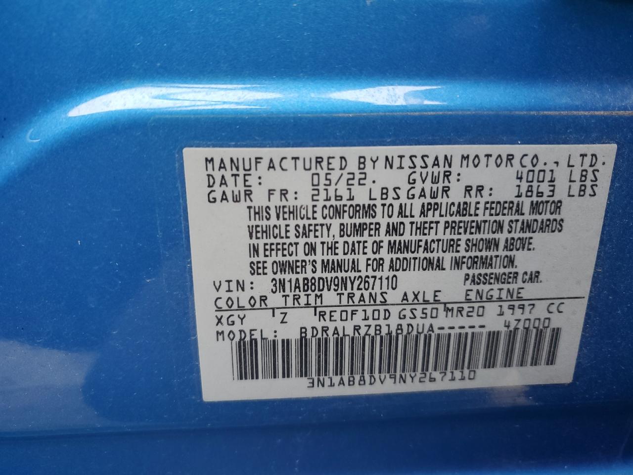 2022 NISSAN SENTRA SR VIN:3N1AB8DV9NY267110