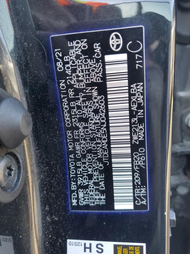 2022 TOYOTA COROLLA LE VIN:JTDEAMDE5NJ042603