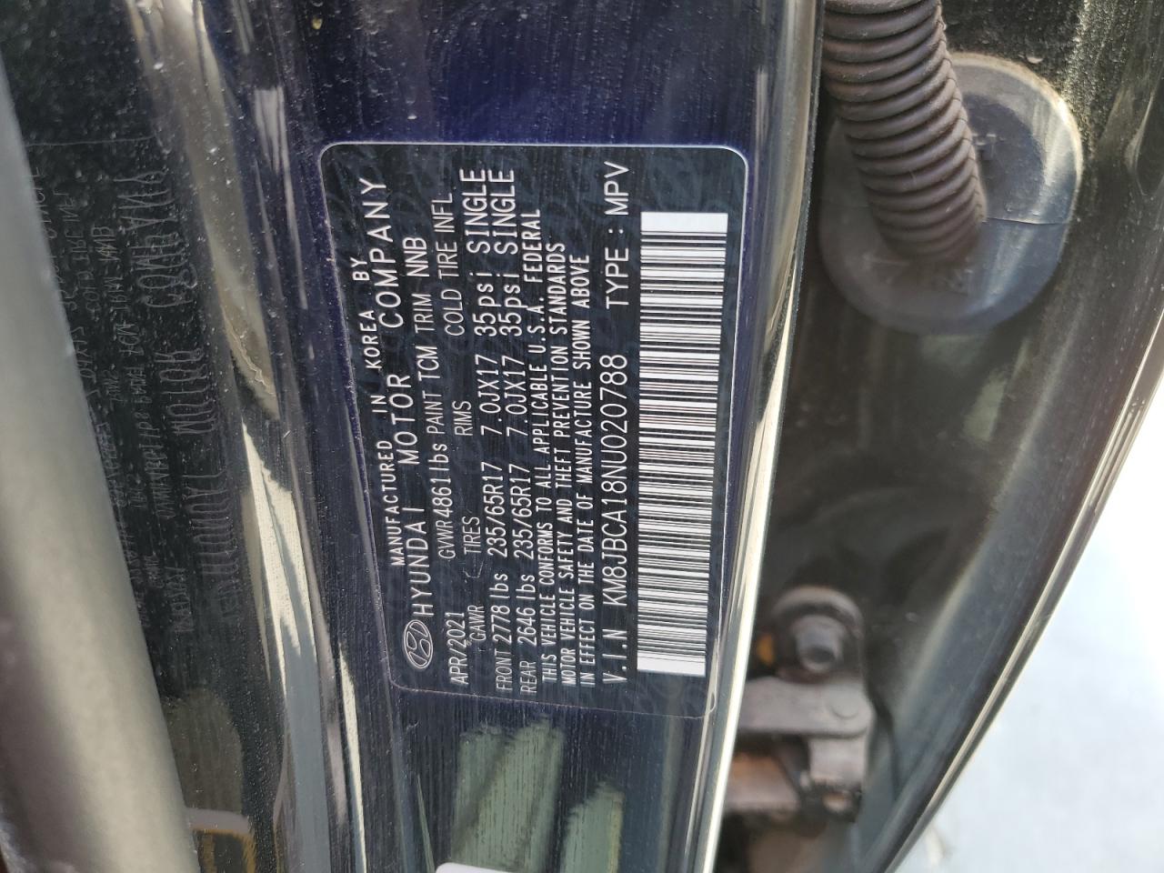 2022 HYUNDAI TUCSON BLUE VIN:KM8JBCA18NU020788