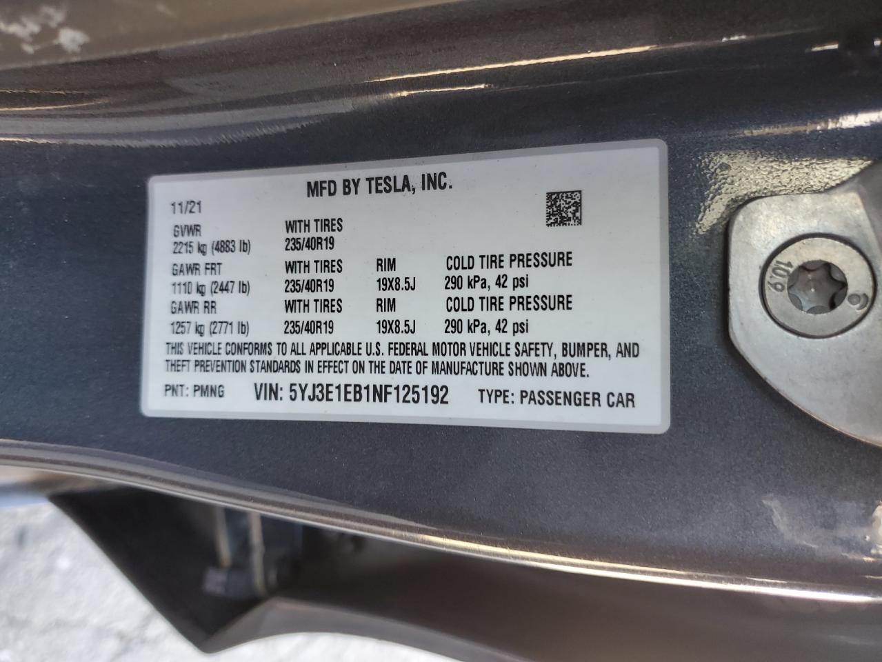 2022 TESLA MODEL 3  VIN:5YJ3E1EB1NF125192