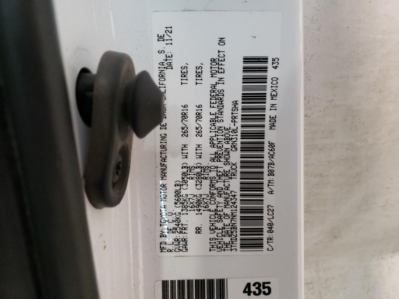 2022 TOYOTA TACOMA DOUBLE CAB VIN:3TMDZ5BN7NM124347