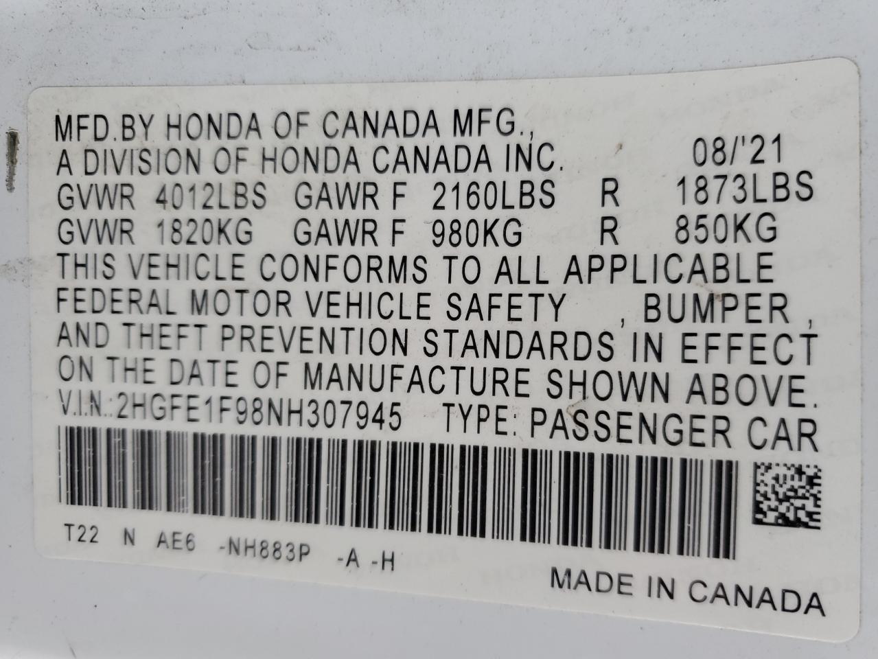 2022 HONDA CIVIC TOURING VIN:2HGFE1F98NH307945