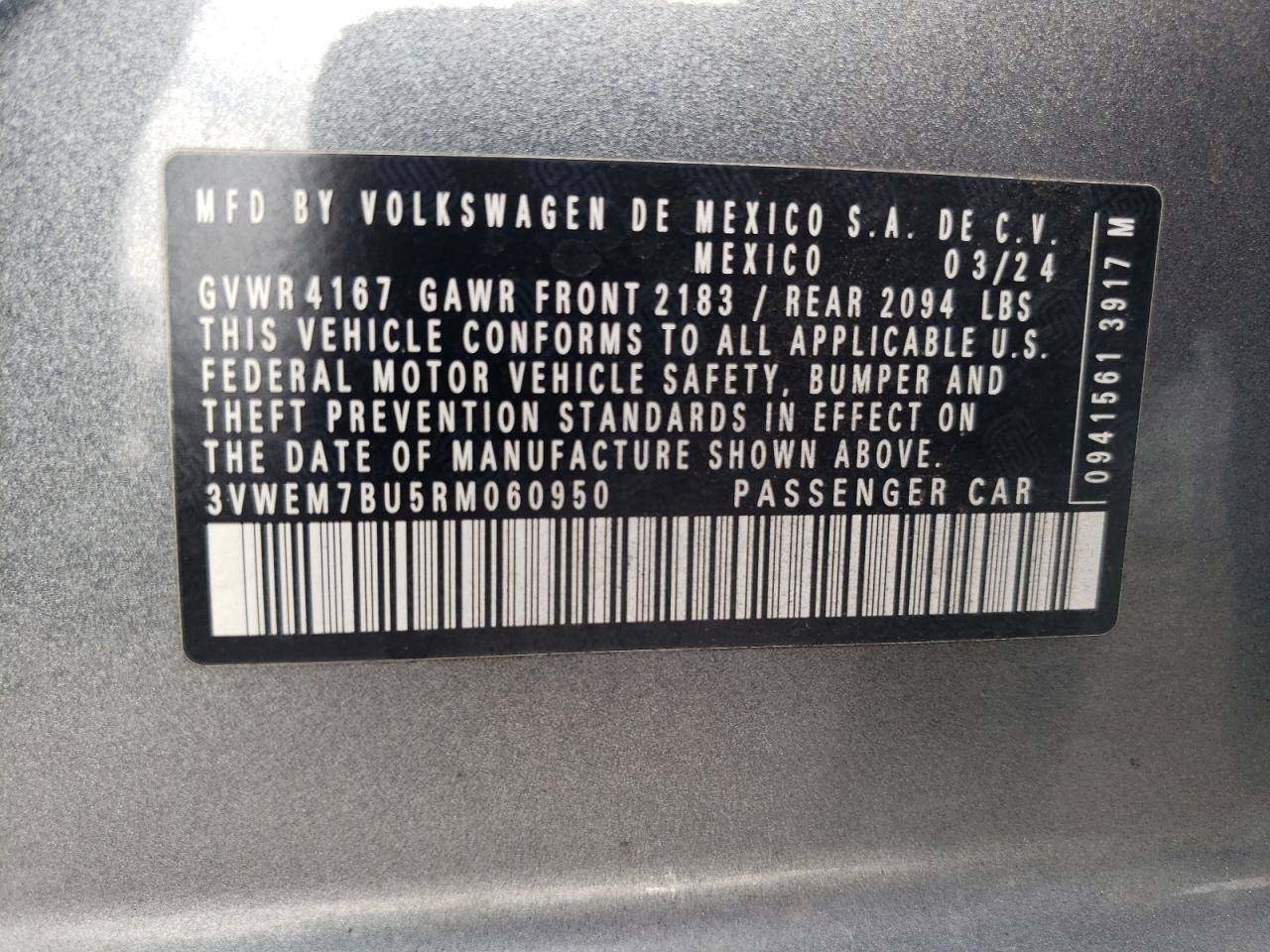 2024 VOLKSWAGEN JETTA SE VIN:3VWEM7BU5RM060950