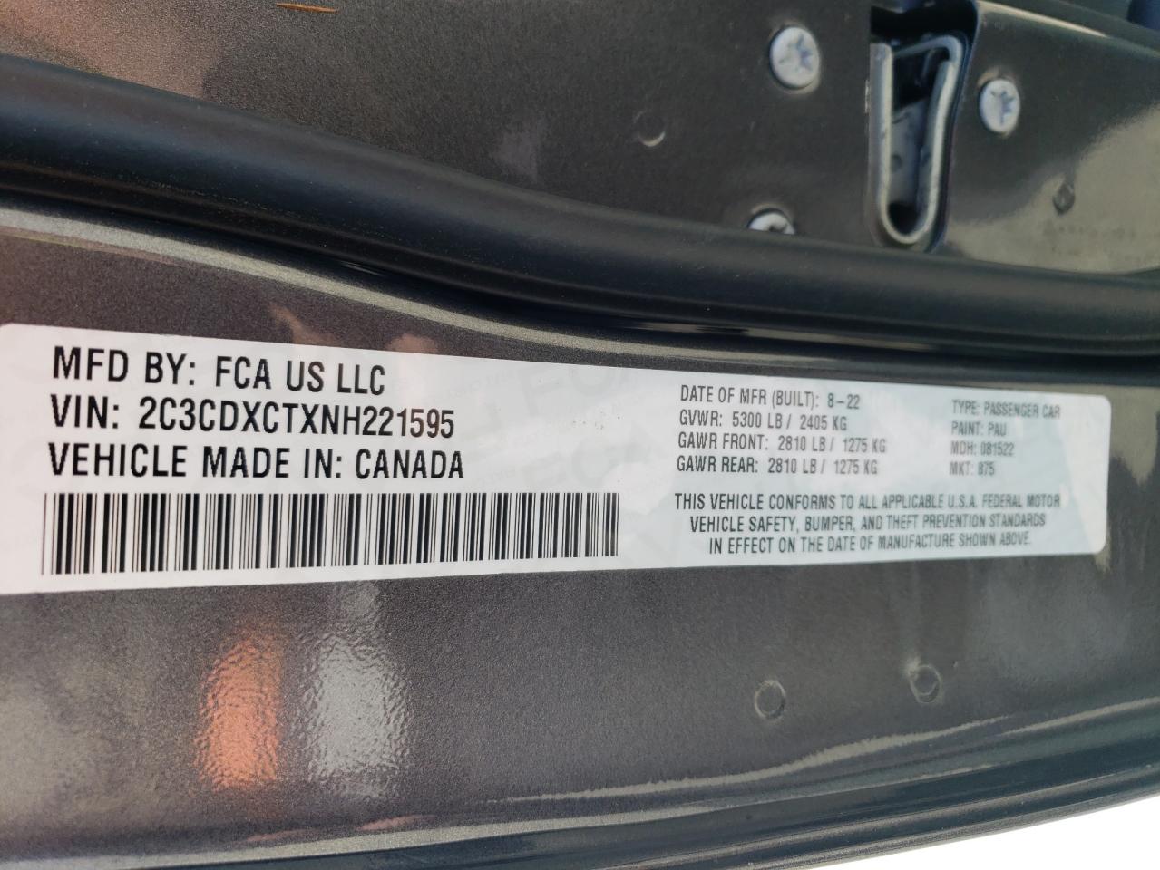 2022 DODGE CHARGER R/T VIN:2C3CDXCTXNH221595