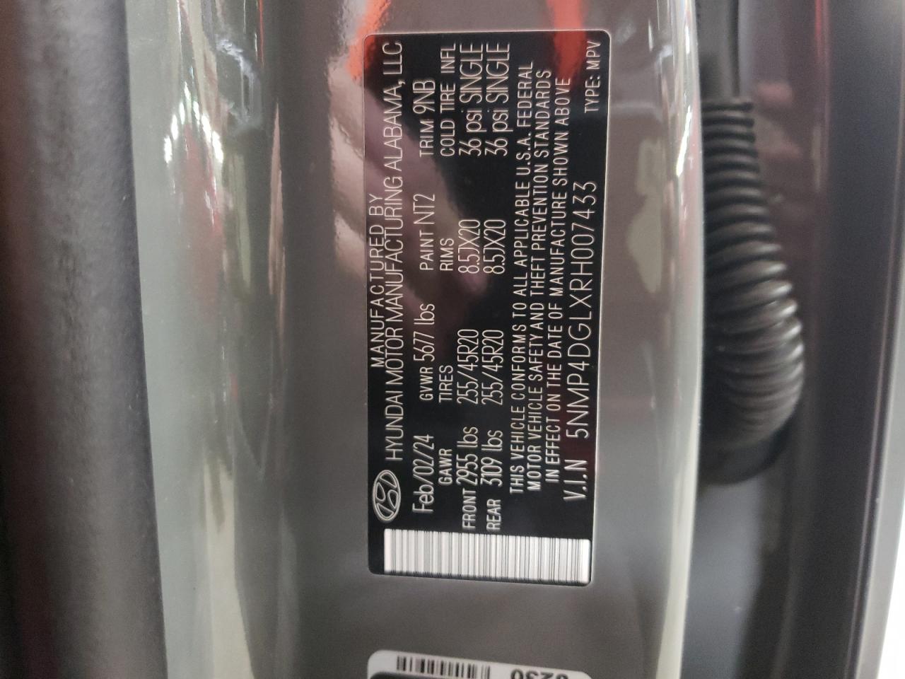 2024 HYUNDAI SANTA FE LIMITED VIN:5NMP4DGLXRH007433