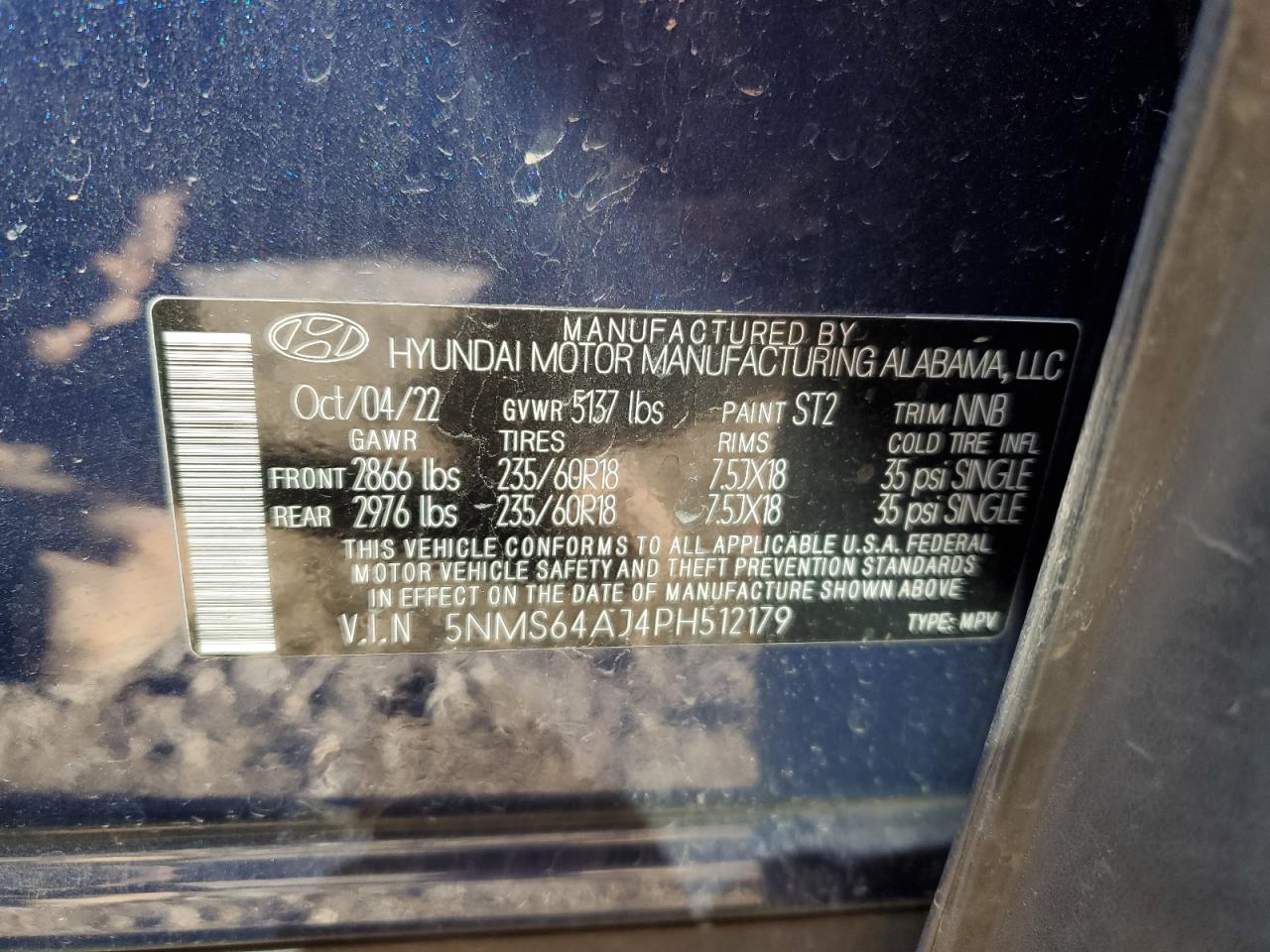 2023 HYUNDAI SANTA FE XRT VIN:5NMS64AJ4PH512179