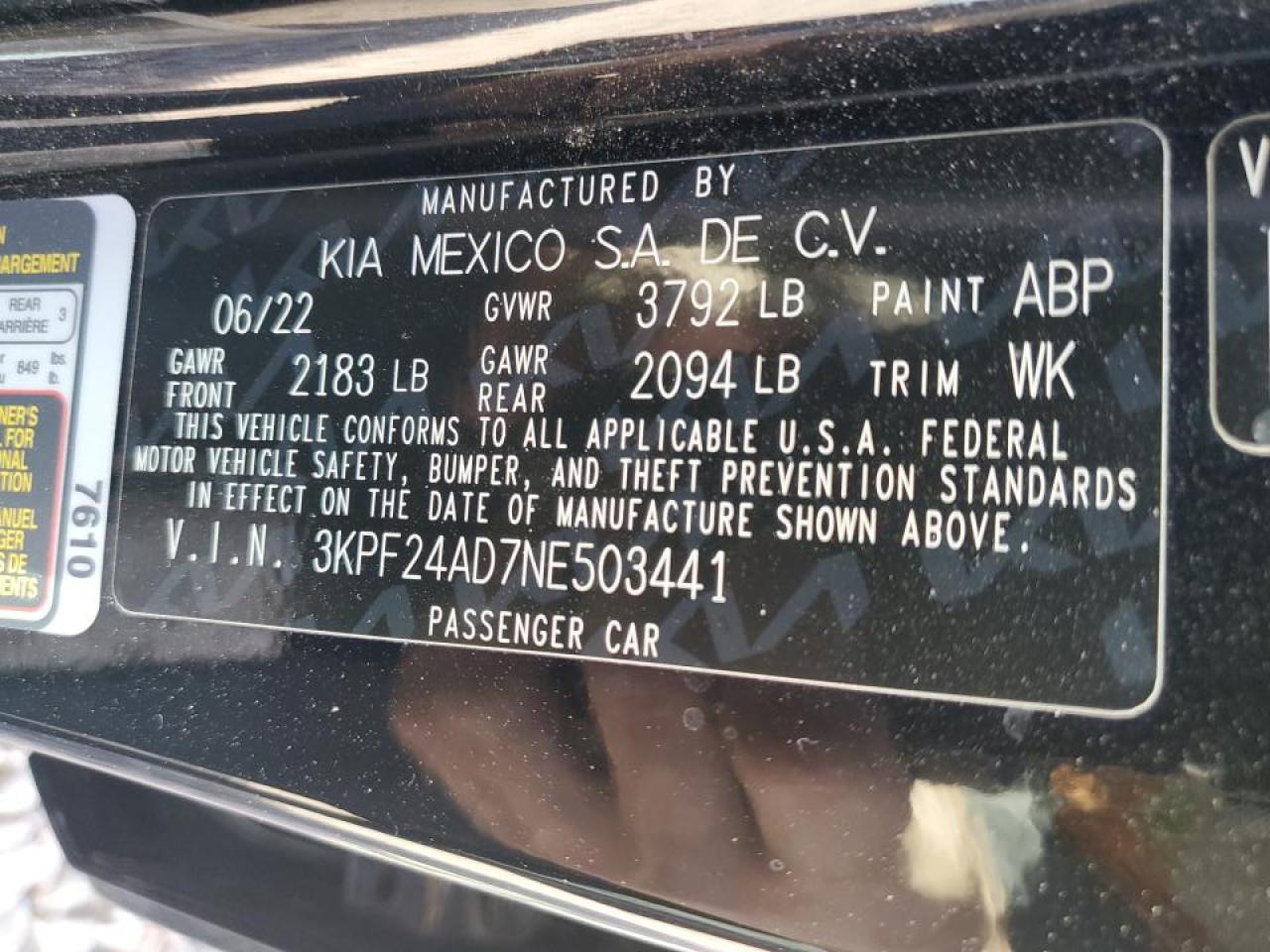 2022 KIA FORTE FE VIN:3KPF24AD7NE503441