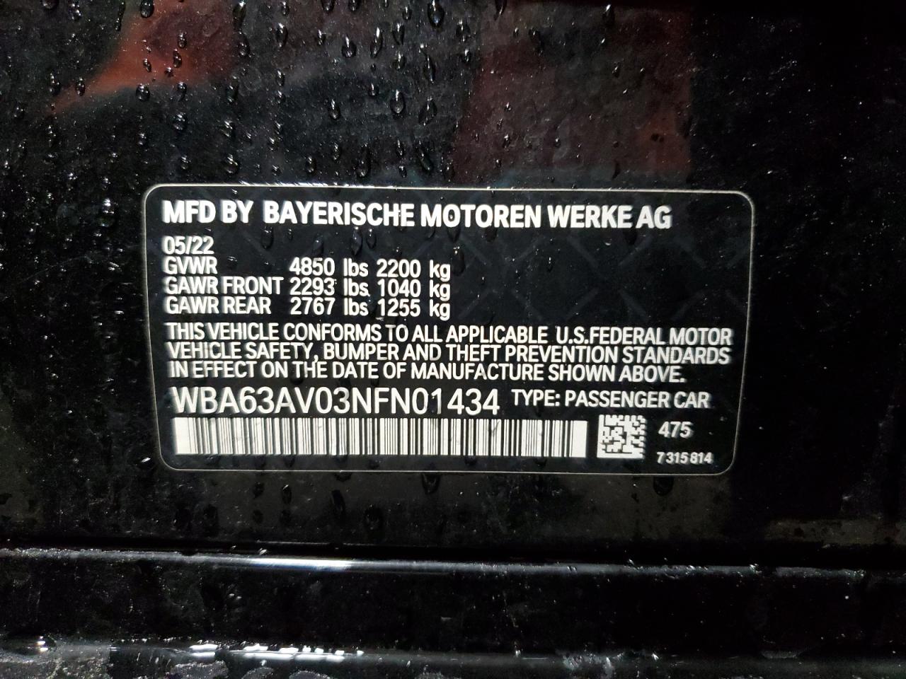 2022 BMW 430I GRAN COUPE VIN:WBA63AV03NFN01434