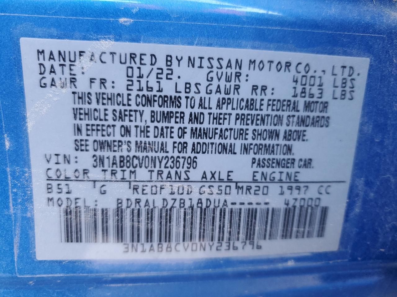 2022 NISSAN SENTRA SV VIN:3N1AB8CV0NY236796