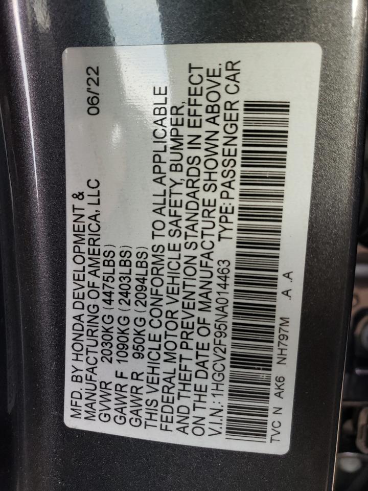 2022 HONDA ACCORD TOURING VIN:1HGCV2F95NA014463