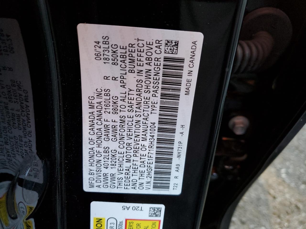 2024 HONDA CIVIC EX VIN:2HGFE1F71RH341004