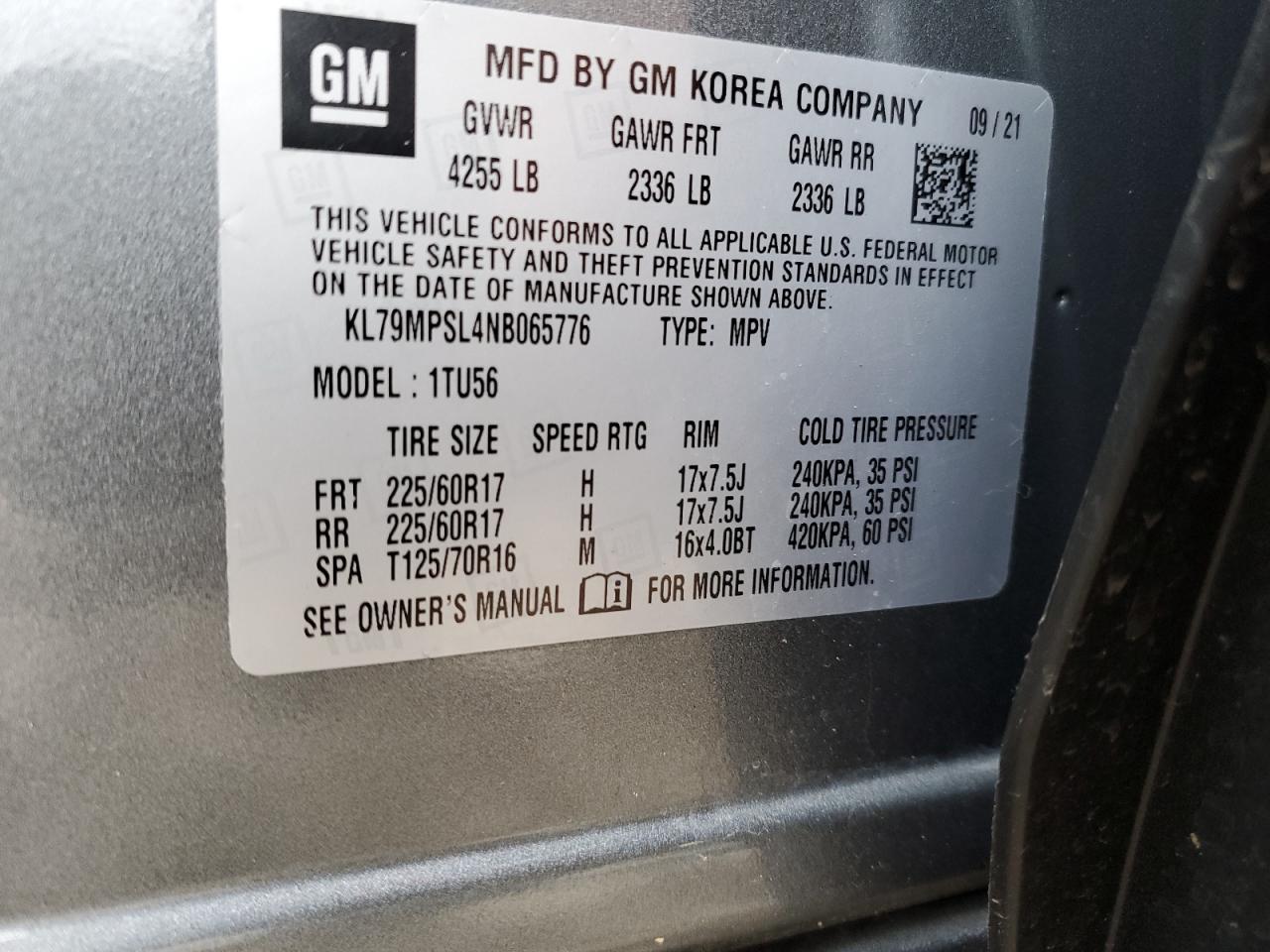 2022 CHEVROLET TRAILBLAZER LT VIN:KL79MPSL4NB65776