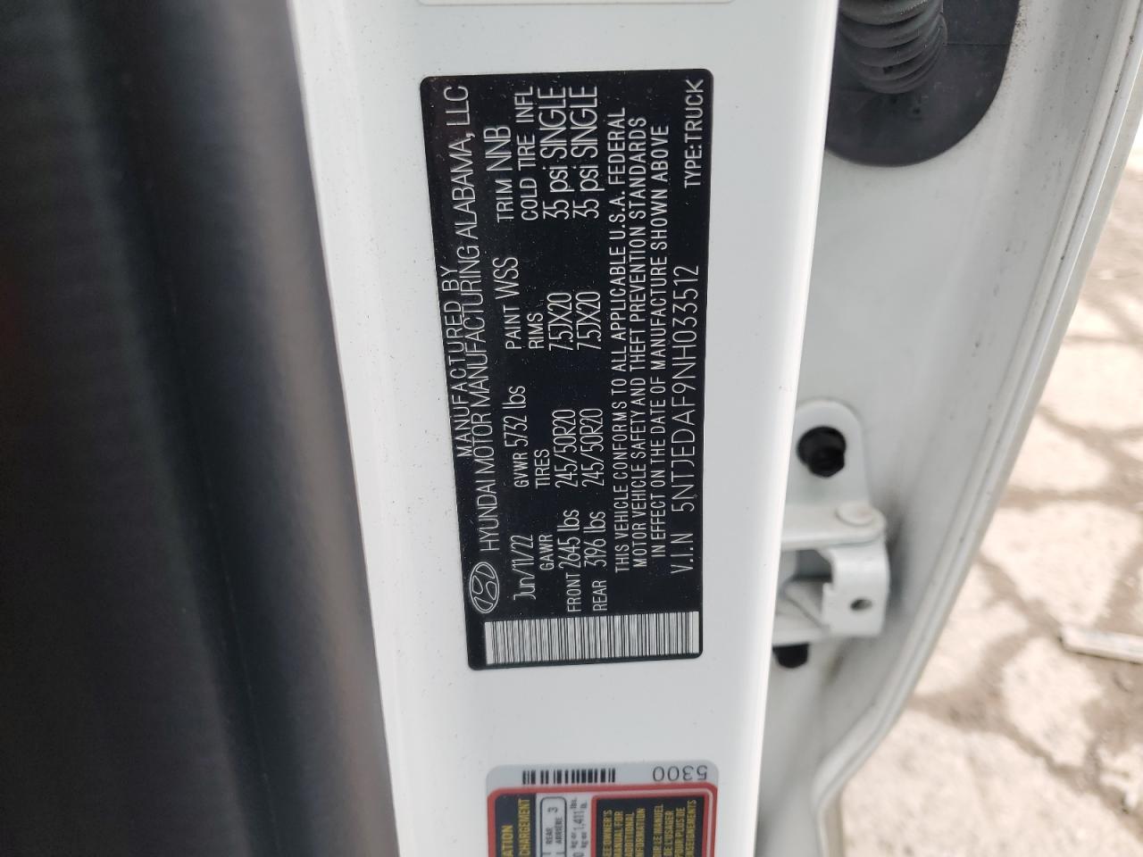 2022 HYUNDAI SANTA CRUZ LIMITED VIN:5NTJEDAF9NH033512