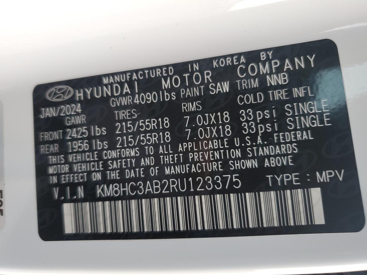 2024 HYUNDAI KONA SEL VIN:KM8HC3AB2RU123375