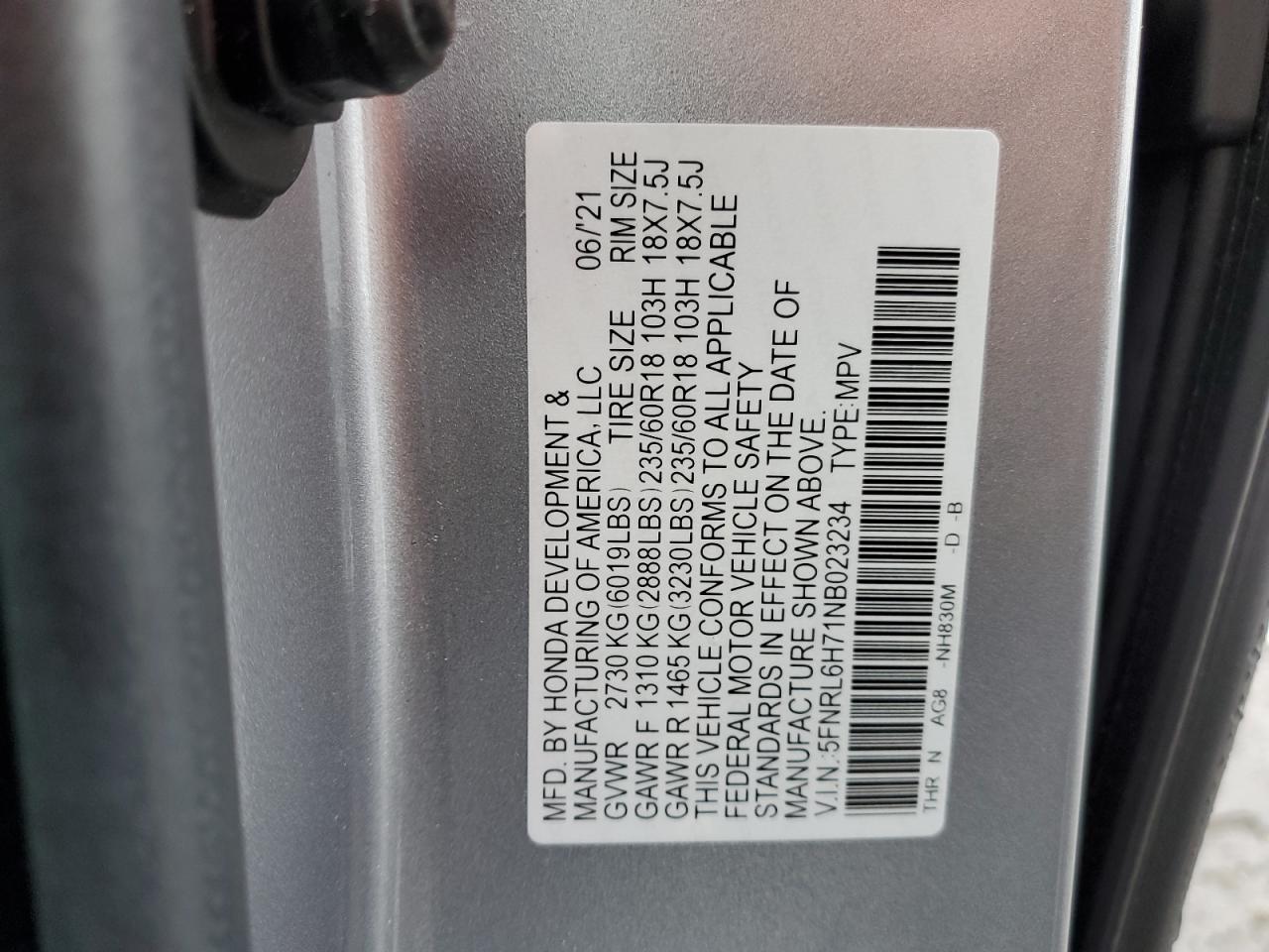 2022 HONDA ODYSSEY EXL VIN:5FNRL6H71NB023234