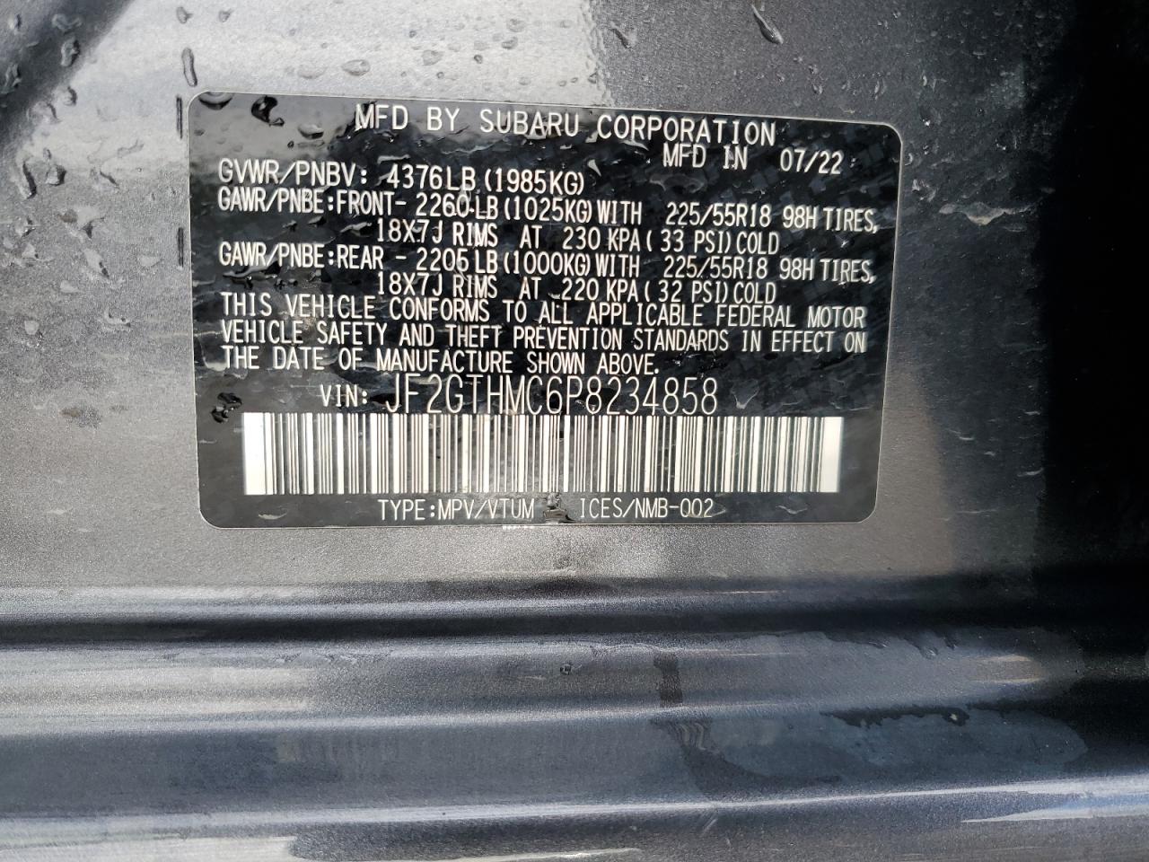 2023 SUBARU CROSSTREK LIMITED VIN:JF2GTHMC6P8234858