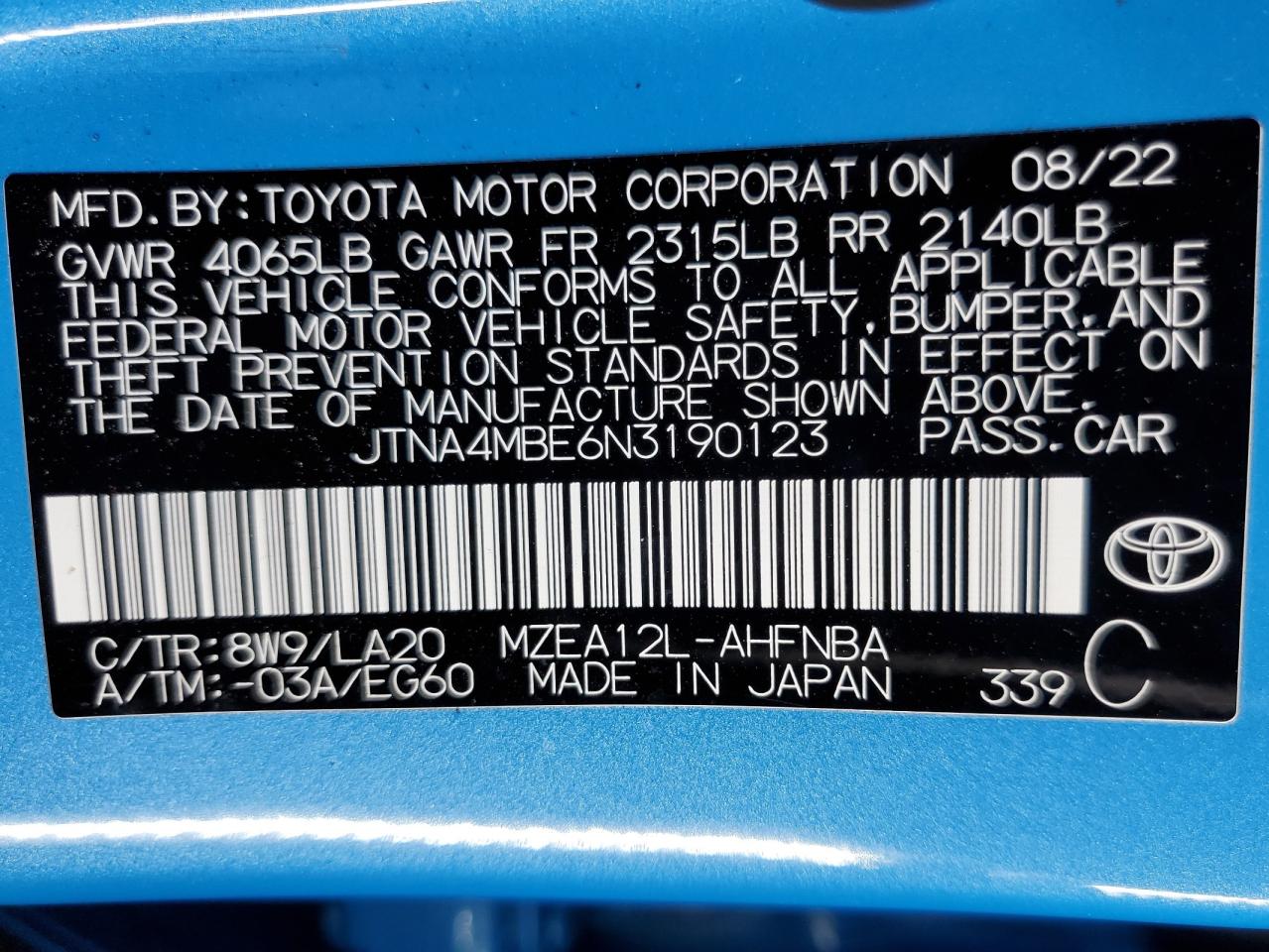 2022 TOYOTA COROLLA XSE VIN:JTNA4MBE6N3190123