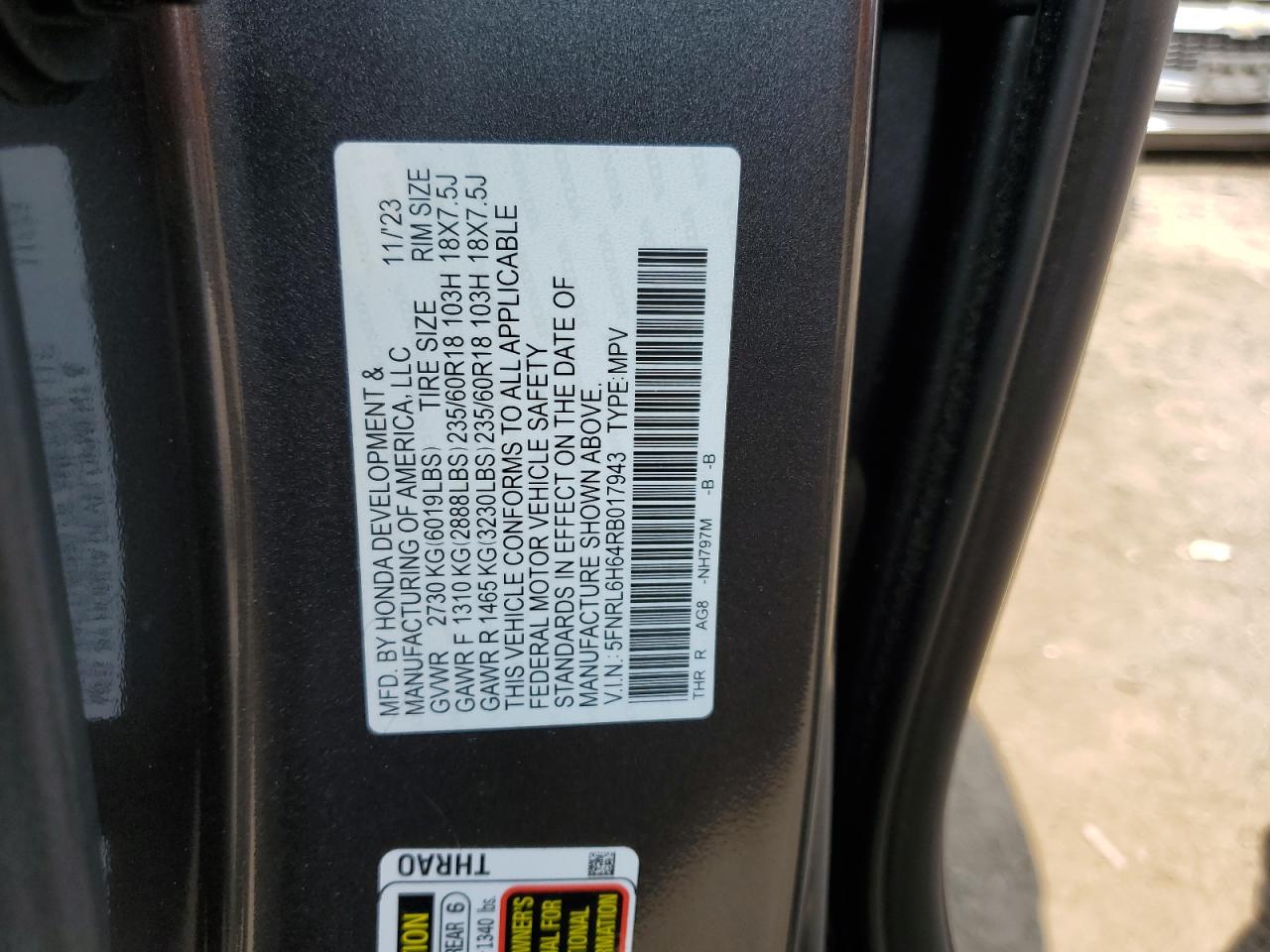 2024 HONDA ODYSSEY EXL VIN:5FNRL6H64RB017943