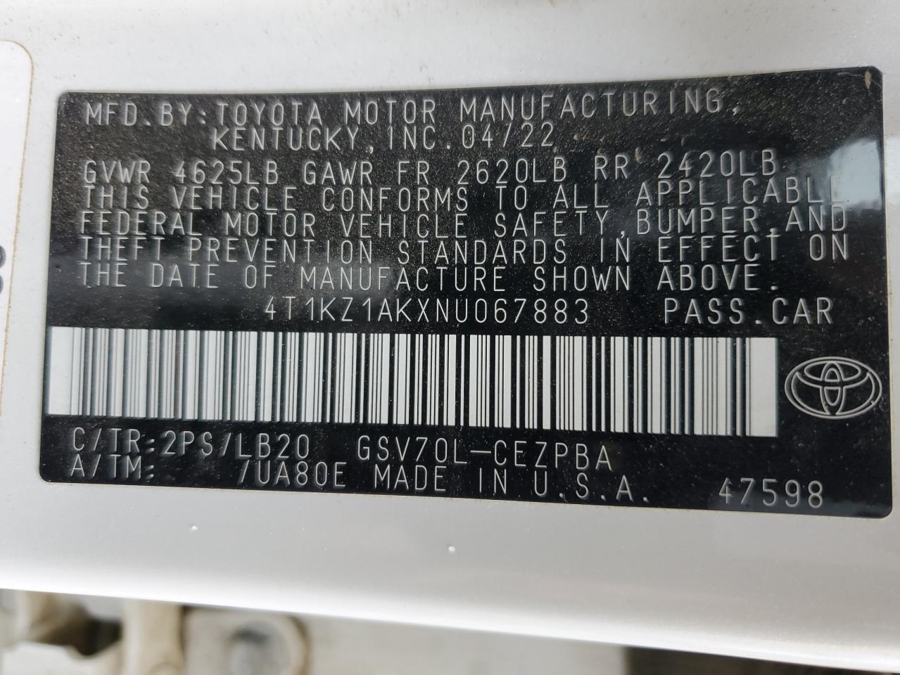 2022 TOYOTA CAMRY TRD VIN:2GNFLEEKXH6242782