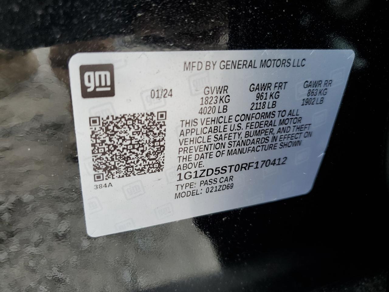 2024 CHEVROLET MALIBU LT VIN:1G1ZD5ST0RF170412