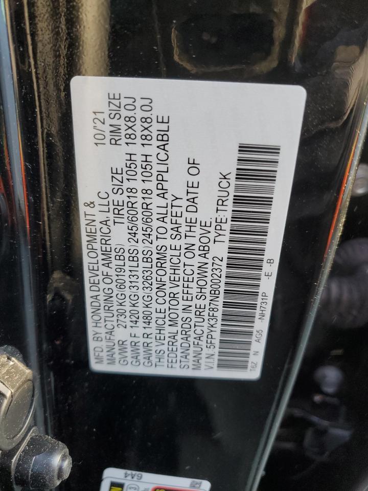 2022 HONDA RIDGELINE BLACK EDITION VIN:5FPYK3F87NB002372