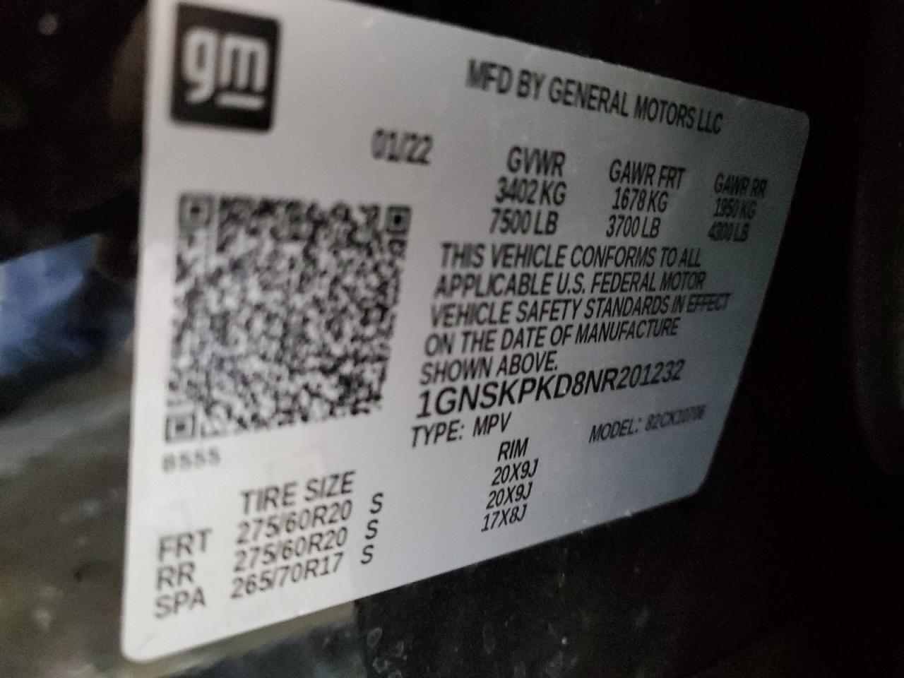 2022 CHEVROLET TAHOE K1500 Z71 VIN:1GNSKPKD8NR201232