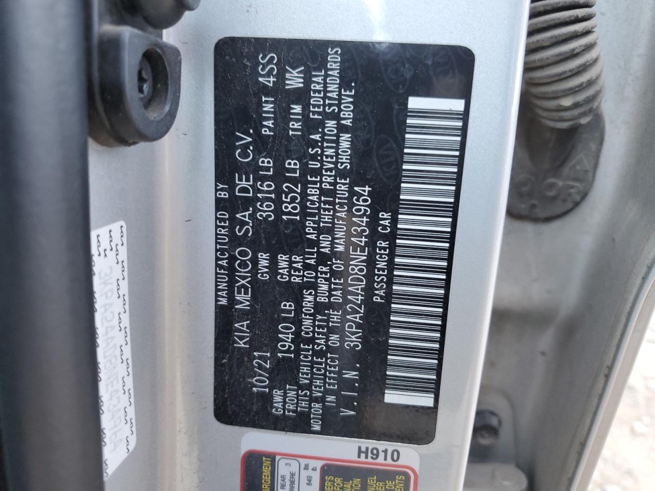 2022 KIA RIO LX VIN:3KPA24AD8NE434964