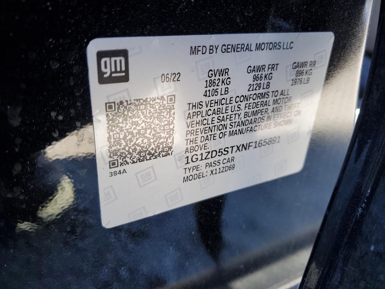 2022 CHEVROLET MALIBU LT VIN:1G1ZD5STXNF165891