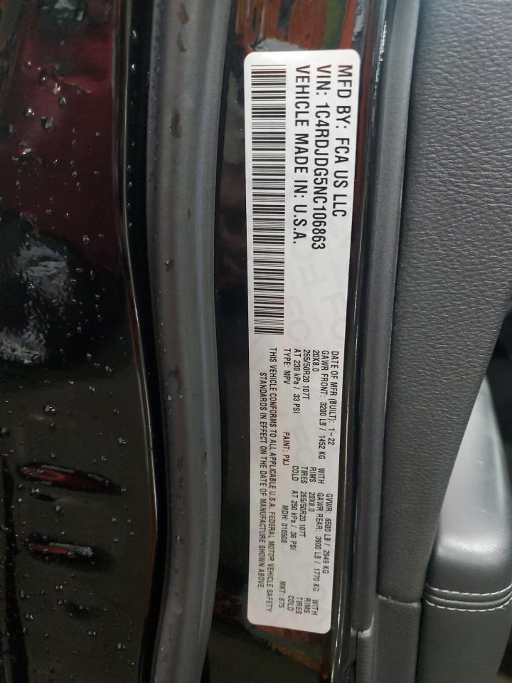 2022 DODGE DURANGO GT VIN:1C4RDJDG5NC106863