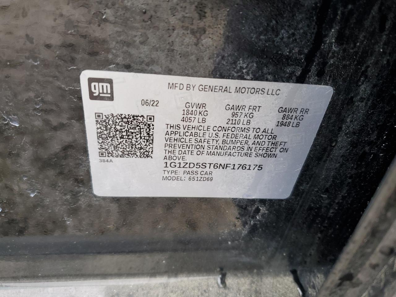 2022 CHEVROLET MALIBU LT VIN:1G1ZD5ST6NF176175